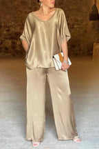 Women's V-Neck Tops Long Pants Set Casual Loose Outfit Summer Homewear Suit