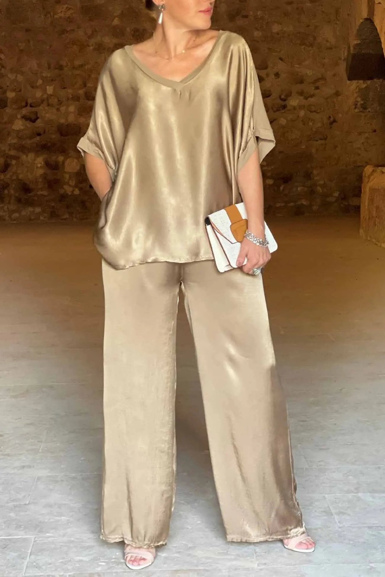 Women's V-Neck Tops Long Pants Set Casual Loose Outfit Summer Homewear Suit