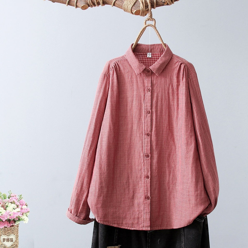 2025 New Women's Linen Cotton Casual Loose Stripe Shirt-Buy 3 Get Free Shipping