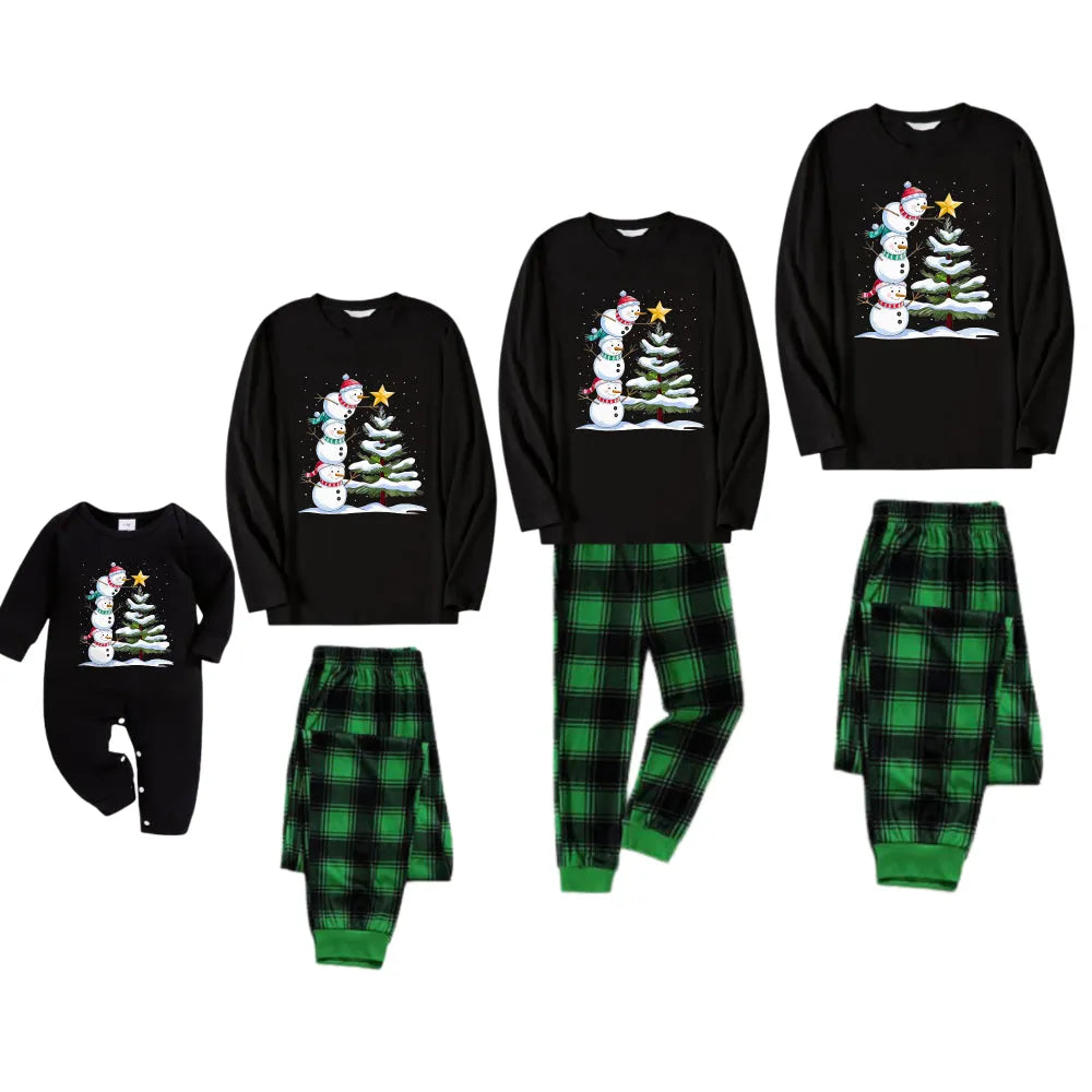 Christmas Family Matching Pajamas-Black Top and Green Plaid Pants Pjs Set with Snowman Cartoon Print