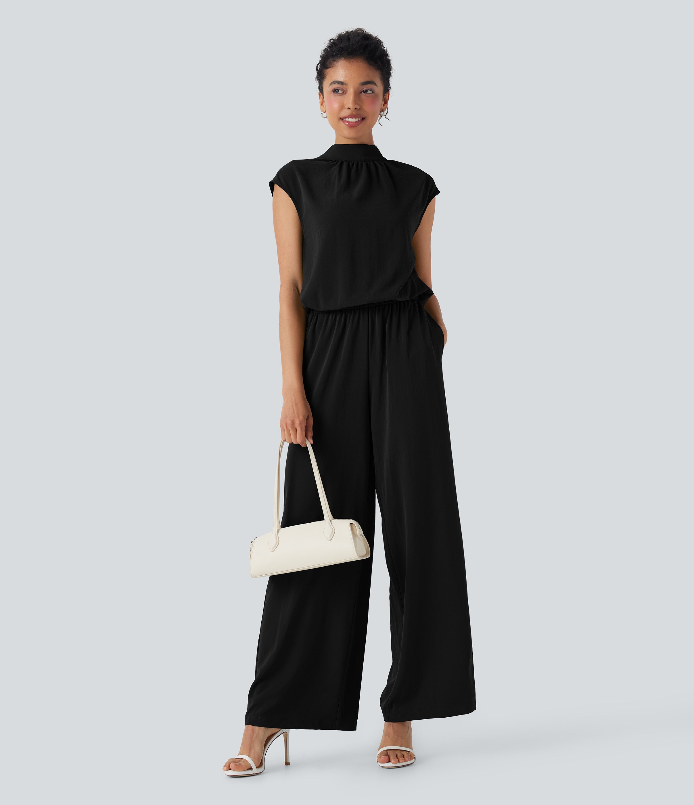 Mock Neck Keyhole Back Cap Sleeve Wide Leg Work Jumpsuit with Pockets