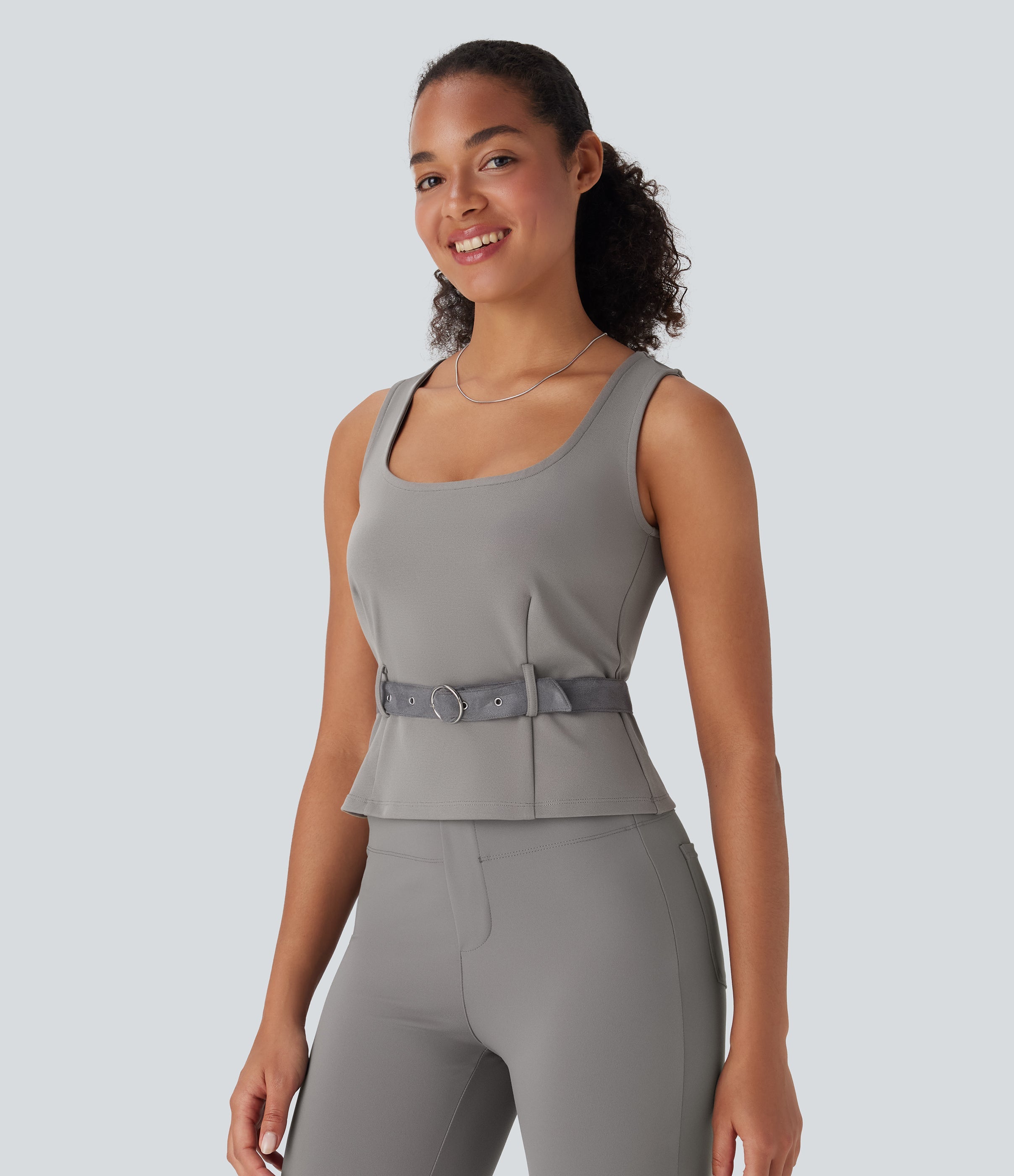Square Neck Belted Work Tank Top