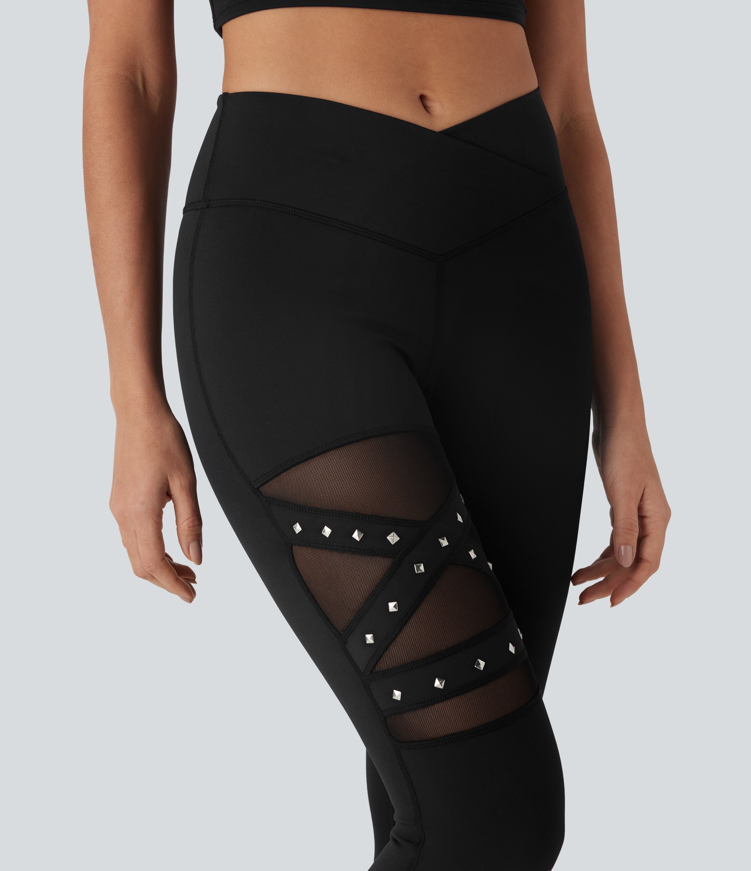 High Waisted Crossover Contrast Mesh Studded Yoga Leggings with Pocket