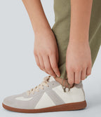 High Waisted Adjustable Drawstring Hem Linen-Feel Casual Cargo Pants with Pockets