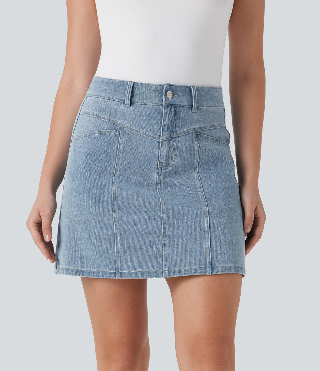 FlexTM Mid Rise A Line Stretchy Knit Denim Mini Casual Skirt with Pockets
