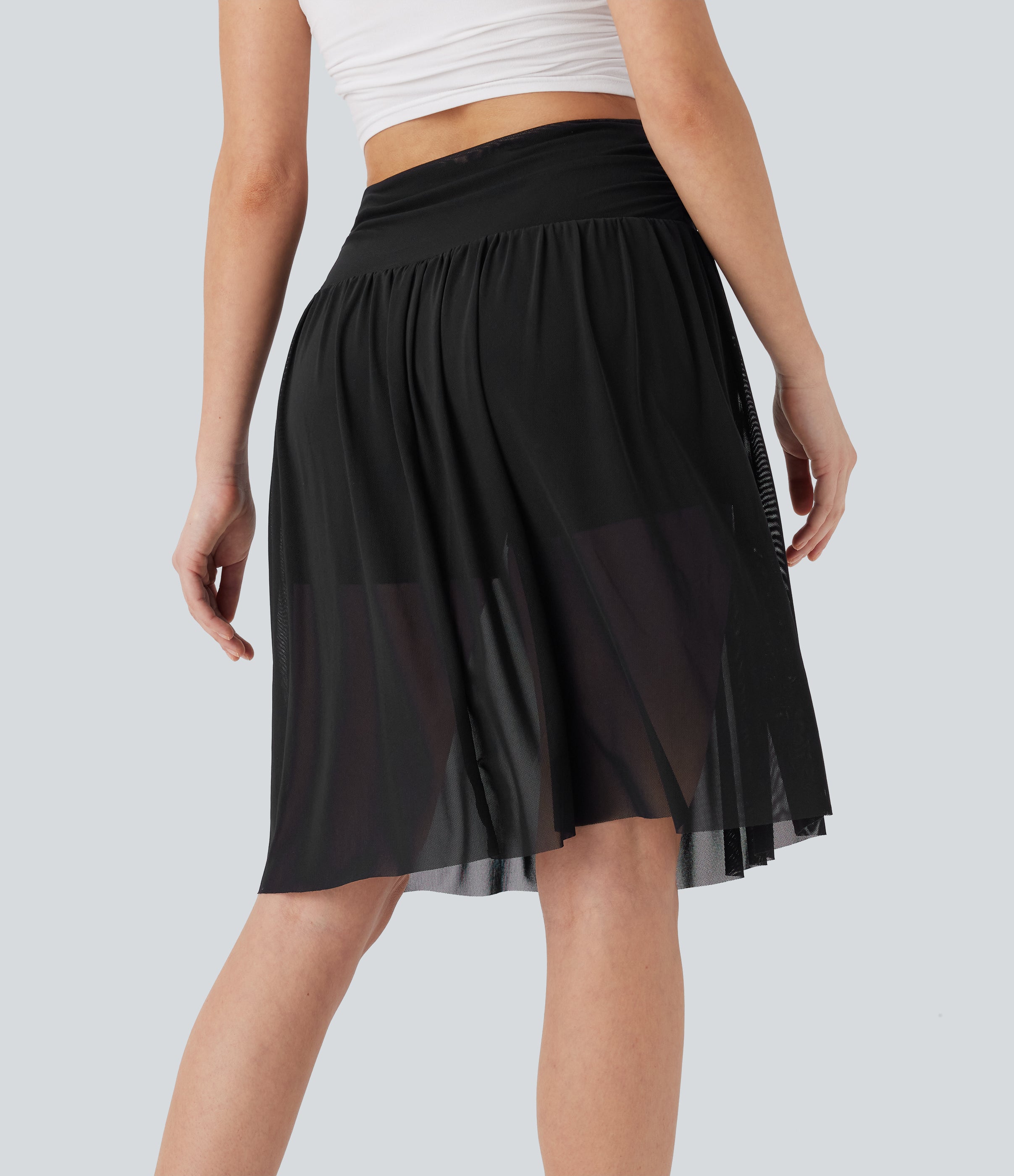 High Waisted Ruched 2-in-1 Contrast Mesh Flowy Midi Casual Skirt with Pockets