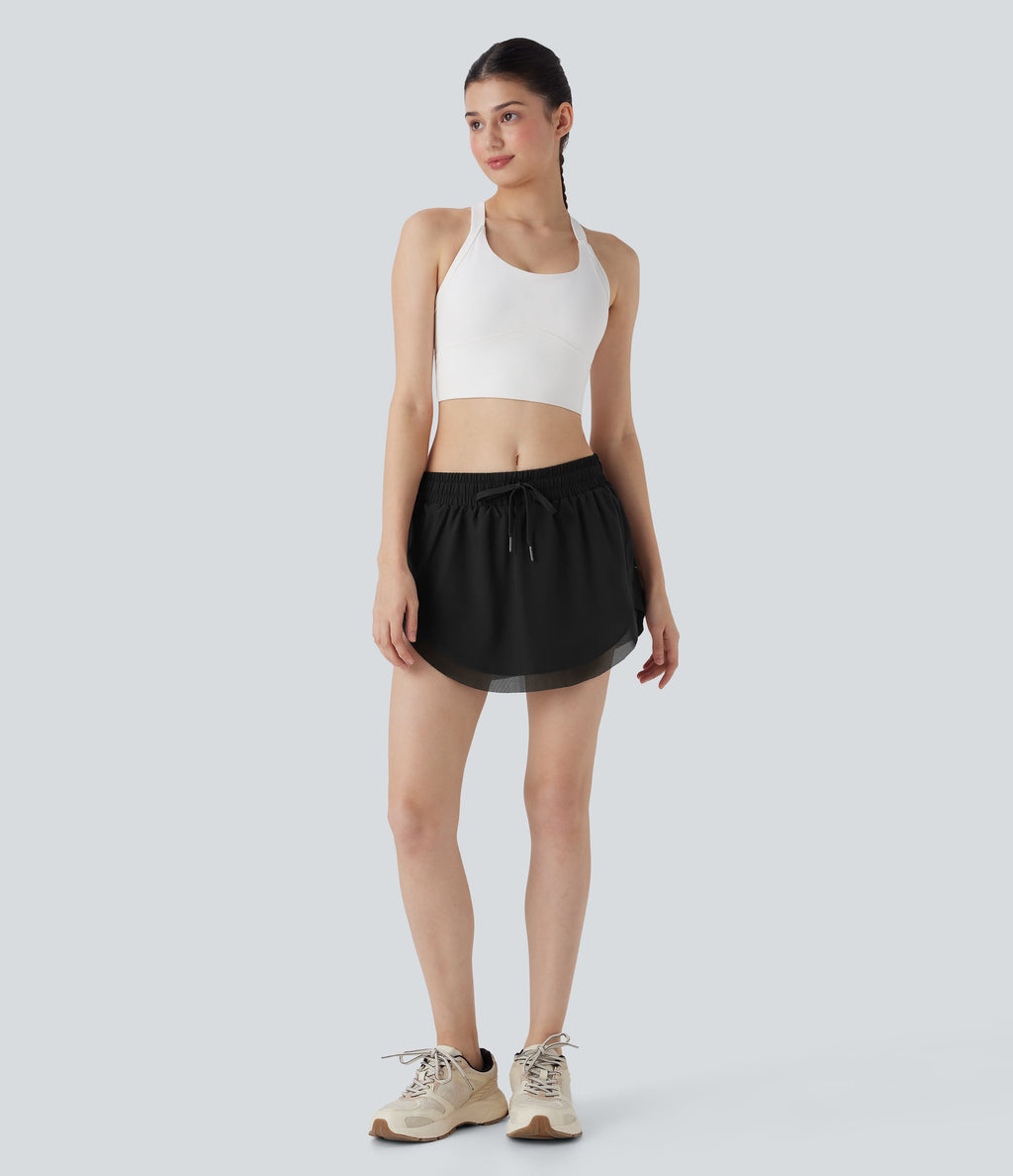 Mid Rise Drawstring 2-in-1 Contrast Mesh Mini Tennis Skirt with Pockets
