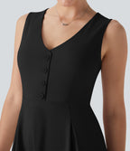 V Neck Sleeveless Decorative 2-Piece Mini Casual Dress with Pocket