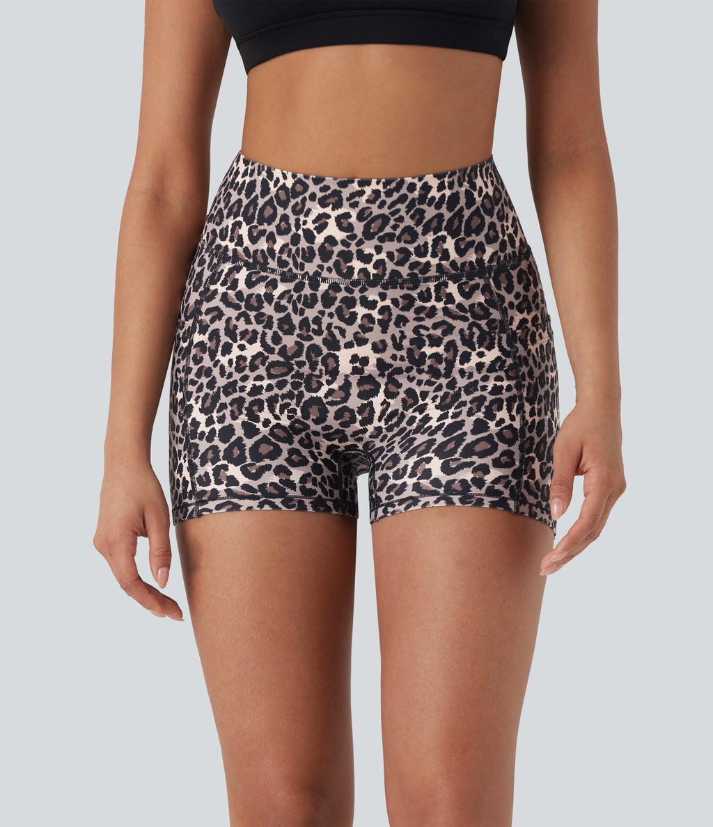 High Waisted Leopard Print Yoga Biker Shorts 3'' with Pockets