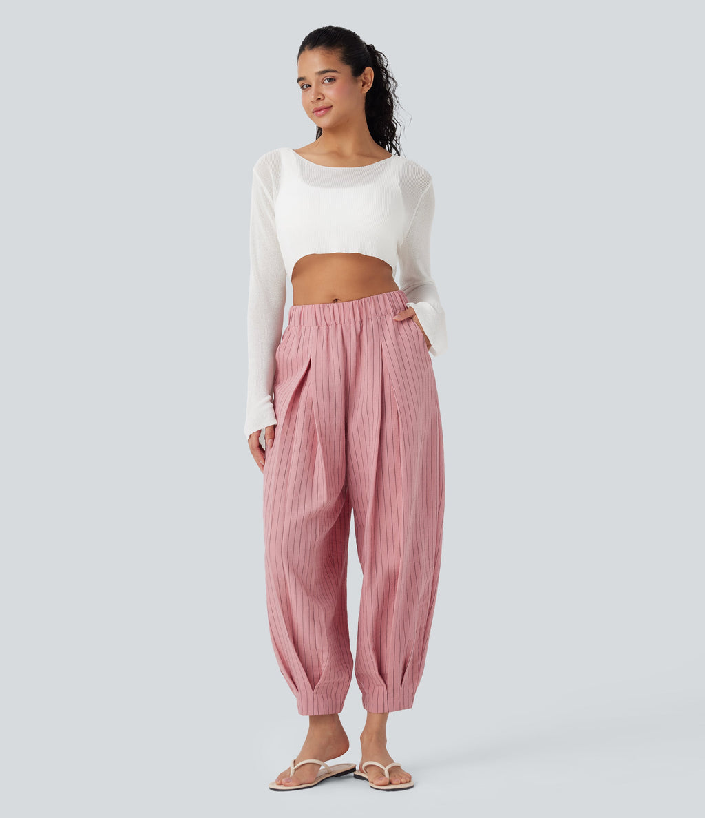 Mid Rise Stripe Casual Linen-Feel Joggers with Pockets