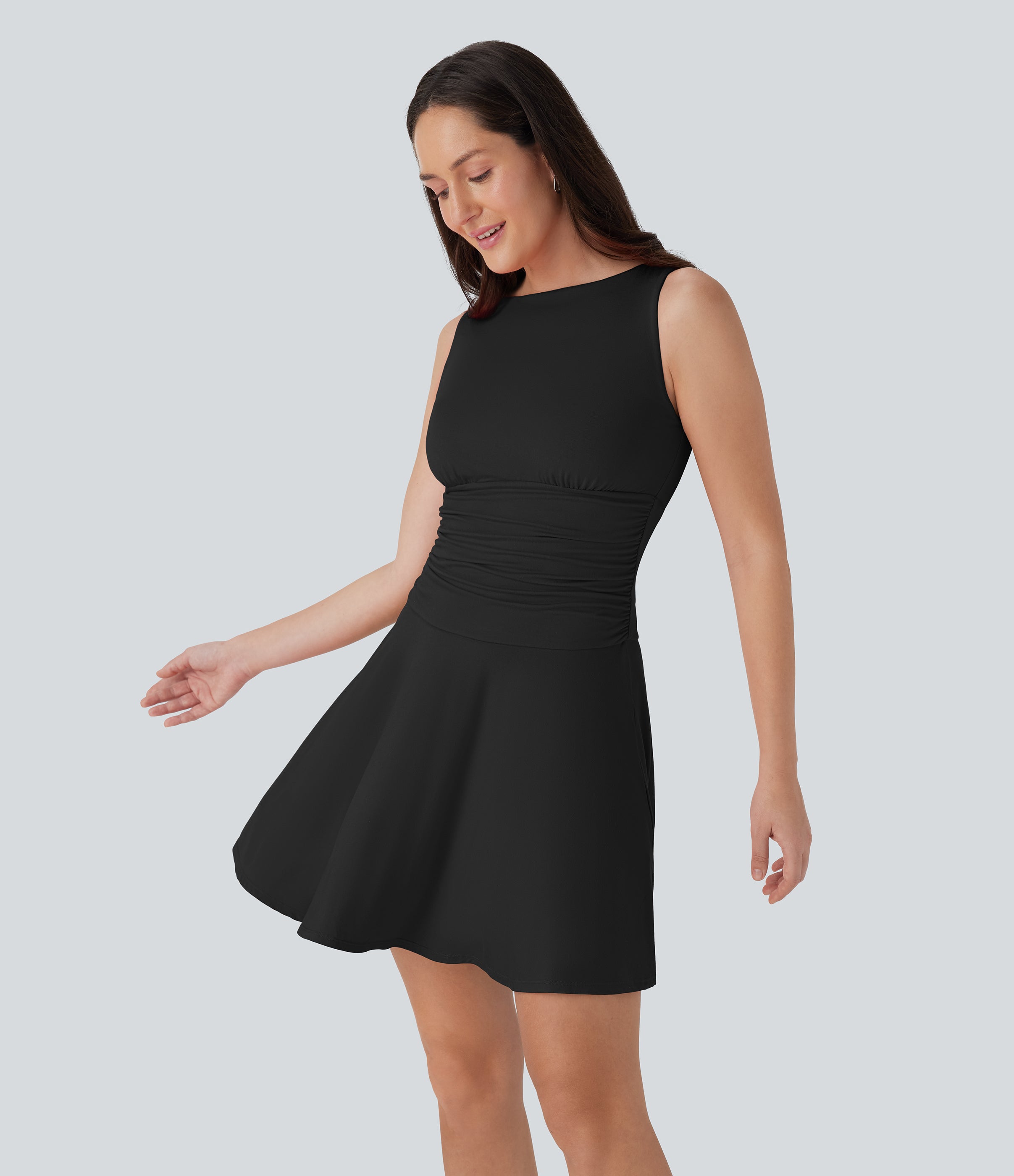 Boat Neck Sleeveless Ruched Flowy Mini Casual Dress