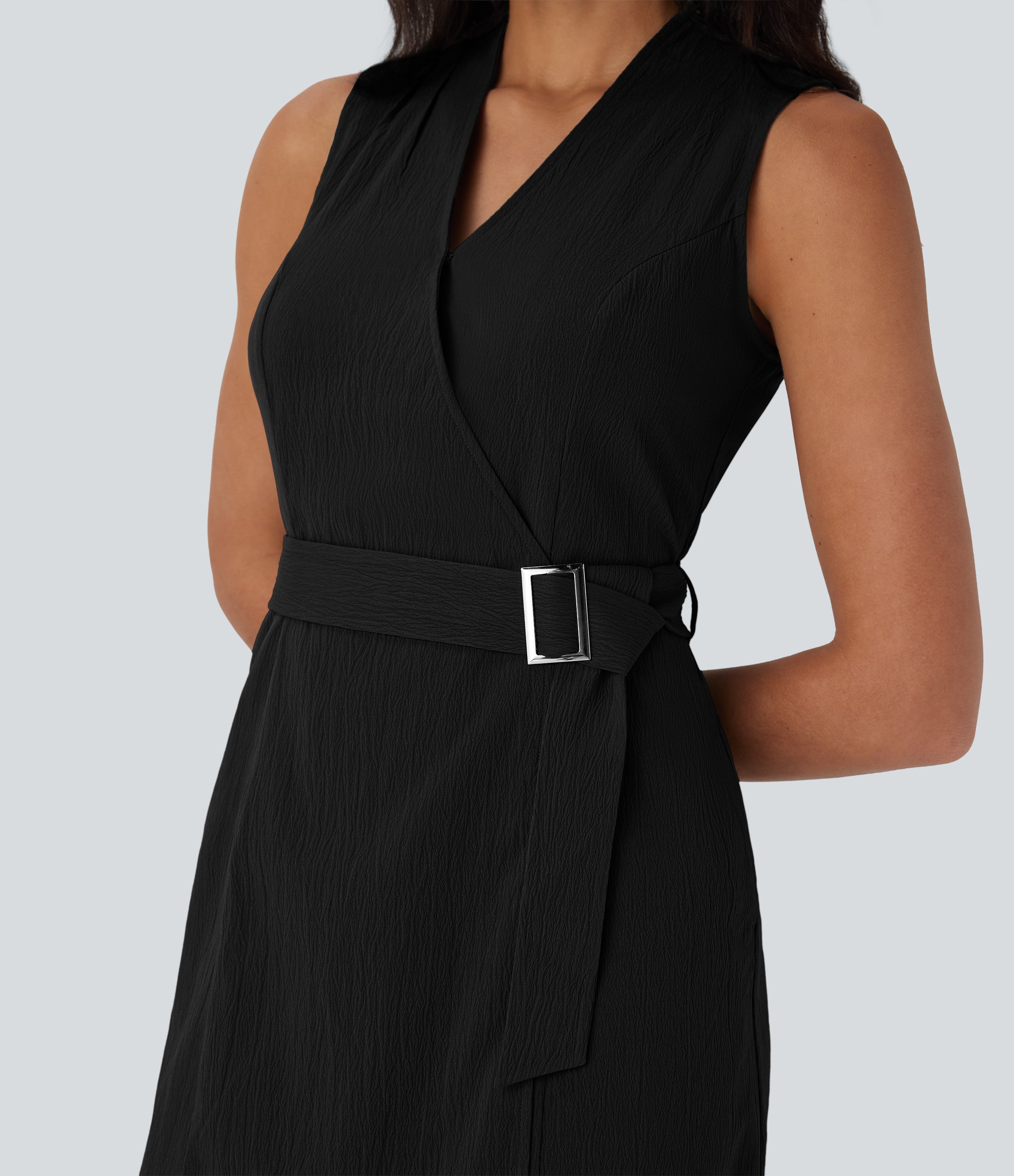 Anti-wrinkle V Neck Sleeveless Wrapped Belted Midi Travel Dress with Pockets
