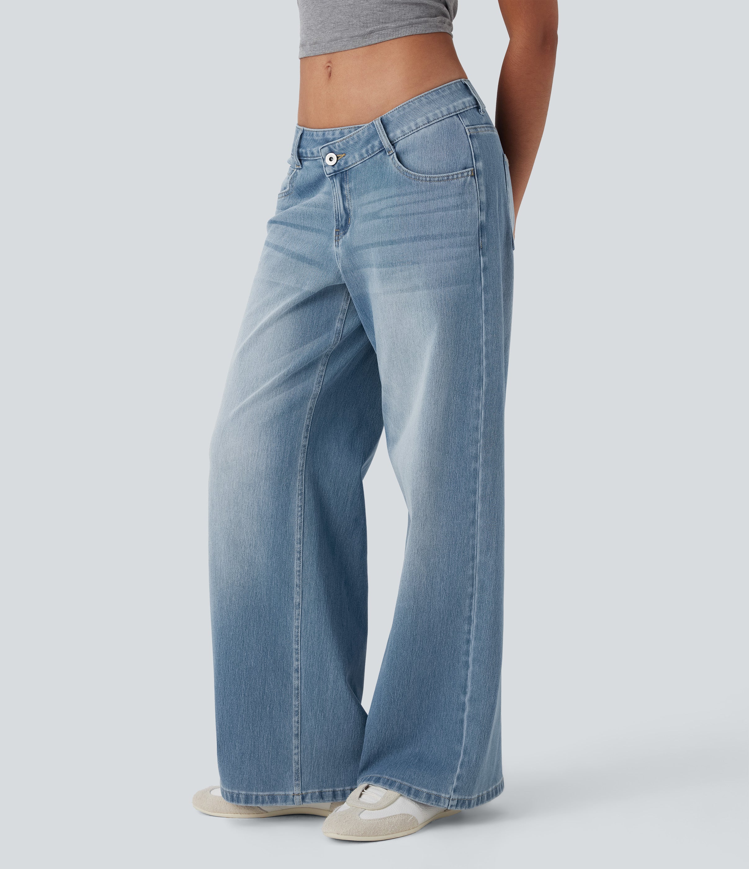 FlexTM Asymmetric Low Rise Zipper Pockets Baggy Wide Leg Washed Casual Jeans