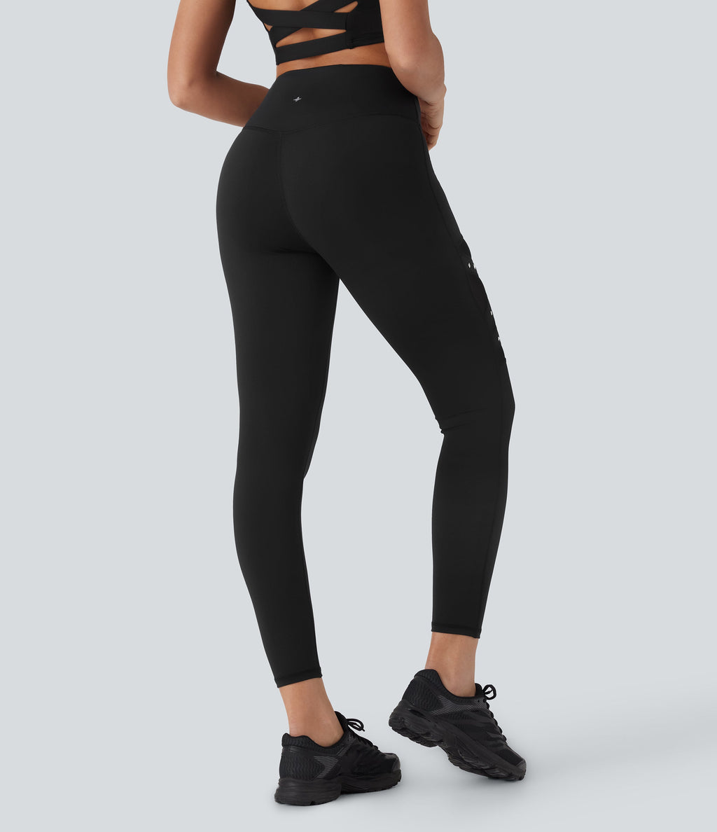 High Waisted Crossover Contrast Mesh Studded Yoga Leggings with Pocket