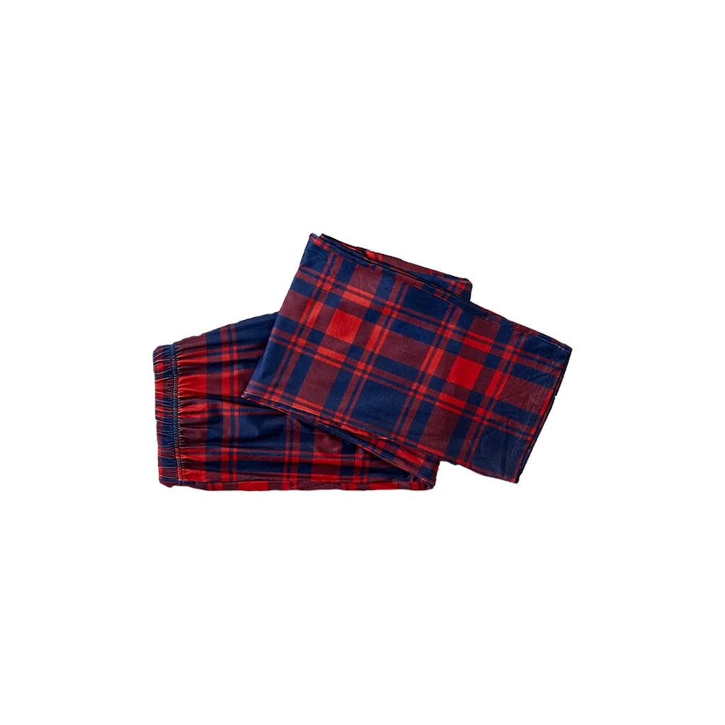 "2025 Christmas Crew" Text and Santa Hat Prints Blue Long Sleeves Top with Red and Blue Plaid Pants Christmas Matching Pajamas