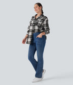 Plaid Curved Hem Casual Shirt Jacket with Flap Pockets