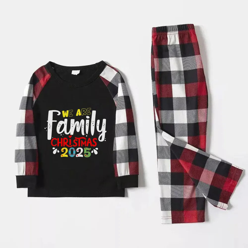 Christmas Family Matching Pajamas-Red and Gray Plaid Pjs set with "We Are Family" Christmas Slogan Print