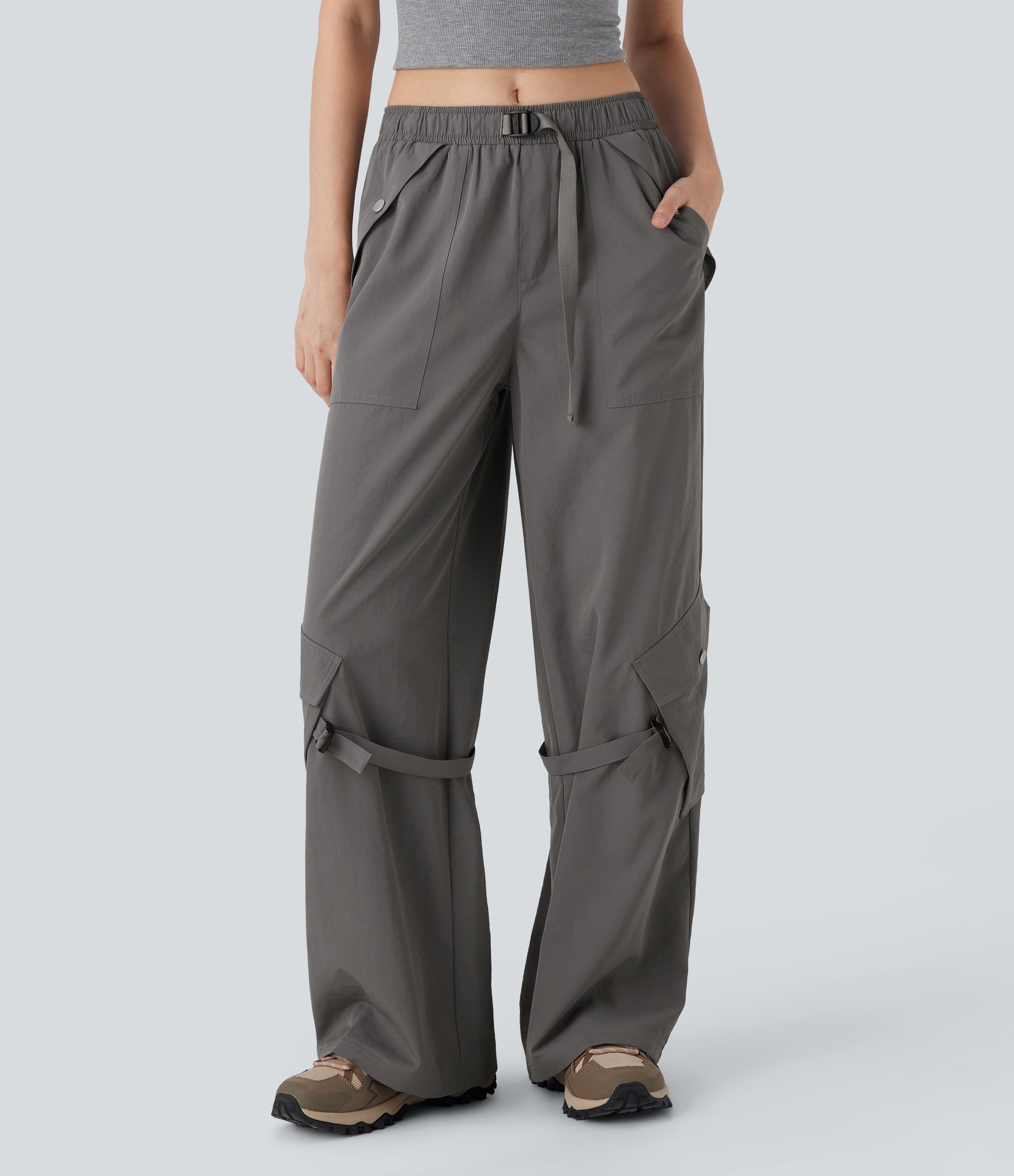 Mid Rise Belted Wide Leg Hiking Cargo Pants with Pockets