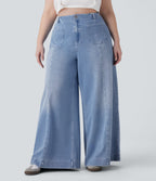 FlexTM High Waisted Pockets Washed Casual Wide Leg Plus Size Jeans