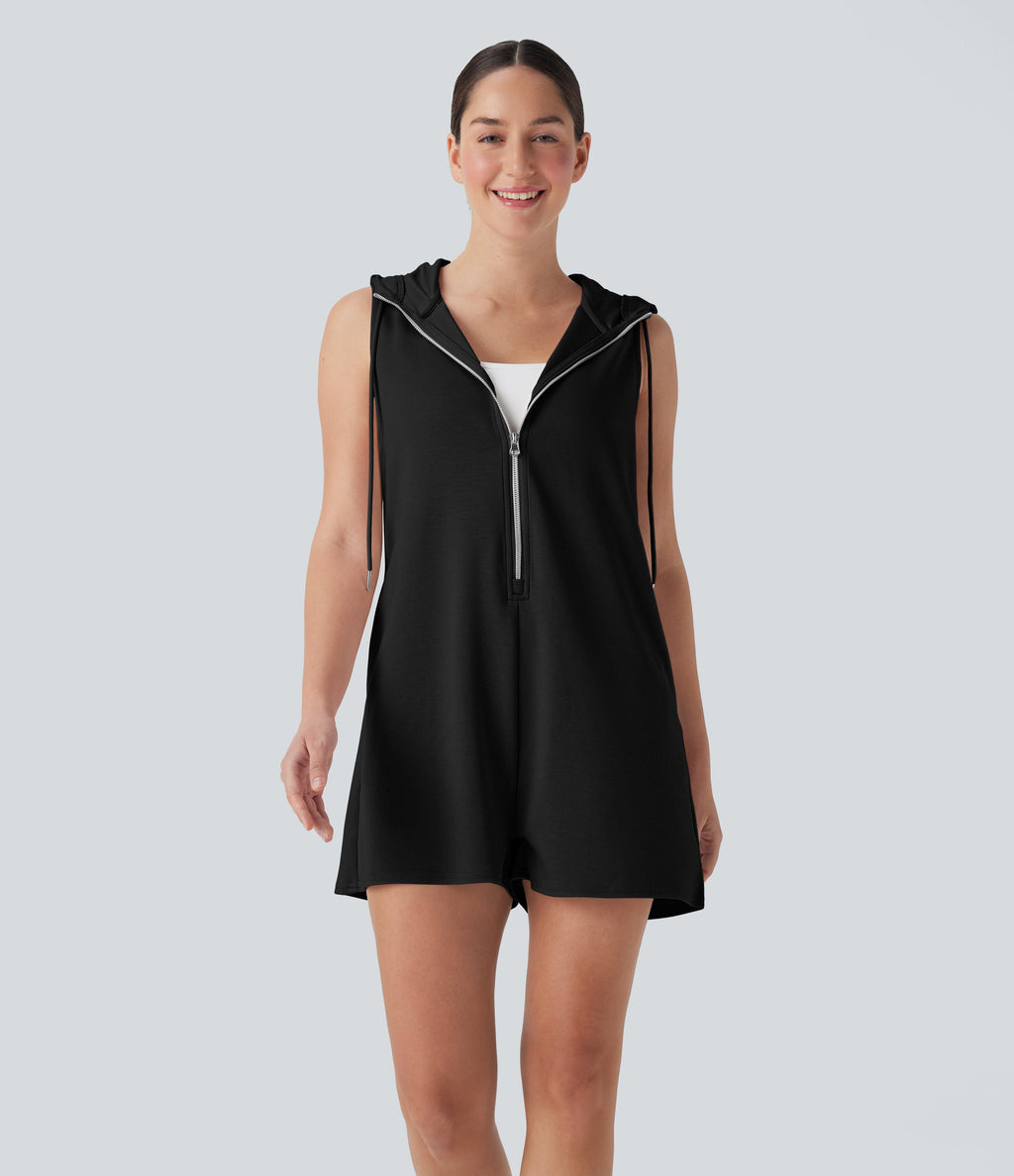 Hooded Sleeveless Zipper Casual Jumpsuit with Pockets