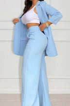 Solid Color Long Sleeve Blazer Wide Leg Pants Matching Set-Pink