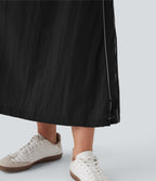 High Waisted Color Block Stripe Cinchable Hem A-line Midi Casual Skirt with Pockets