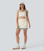 High Waisted Color Block 2-in-1 Mini Casual Sweater Knit Skirt with Pocket