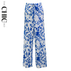 Chic Blue Botanical Prints V-Neck Vest Top & Pleated Pants