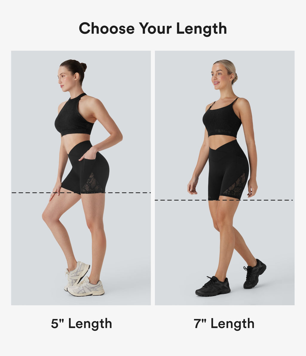 SoftlyzeroTM High Waisted Crossover Contrast Lace Yoga Biker Shorts 7'' with Pockets-UPF50+