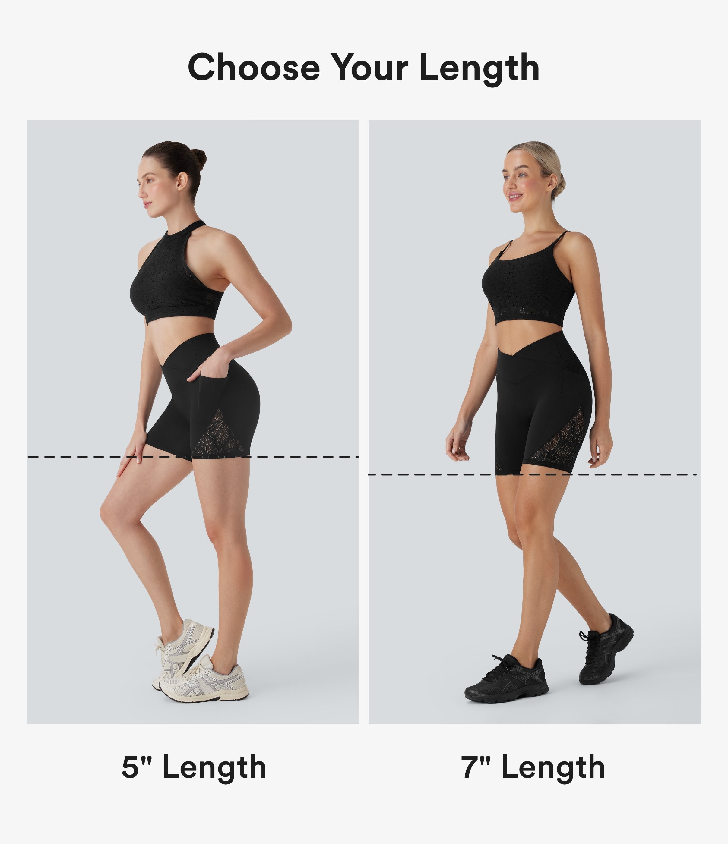 SoftlyzeroTM High Waisted Crossover Contrast Lace Yoga Biker Shorts 7'' with Pockets-UPF50+