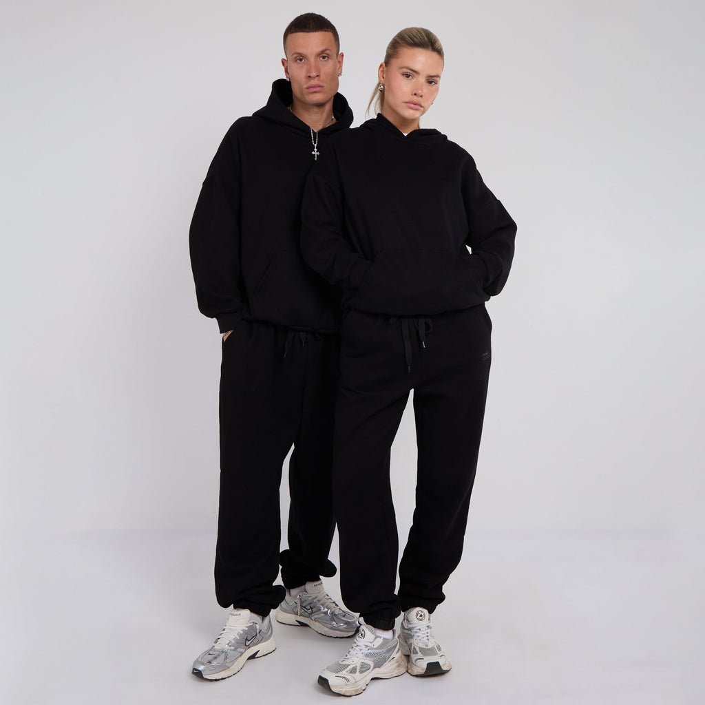 Unisex Black Minimalist Fleece Hoodie & Jogger Set Neutral Lounge Set