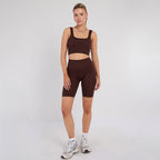 Stretch Coffee Brown Workout Outfit Seamless Sports Bra & High-Waist Leggings Set