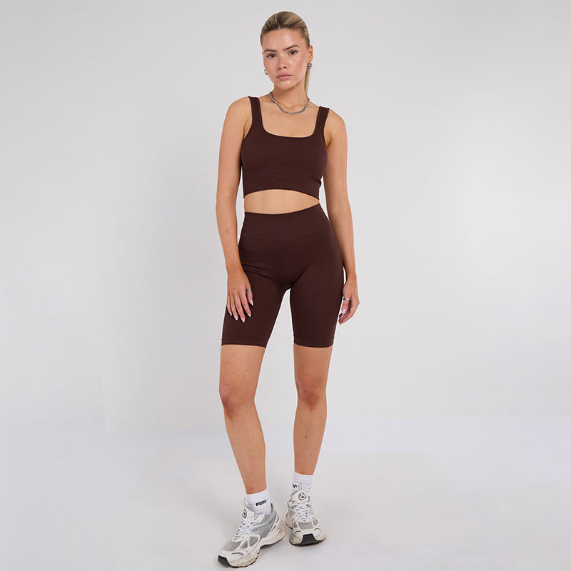 Stretch Coffee Brown Workout Outfit Seamless Sports Bra & High-Waist Leggings Set
