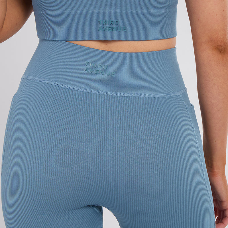 Stretch Blue Workout Outfit Seamless Sports Bra & High-Waist Leggings Set