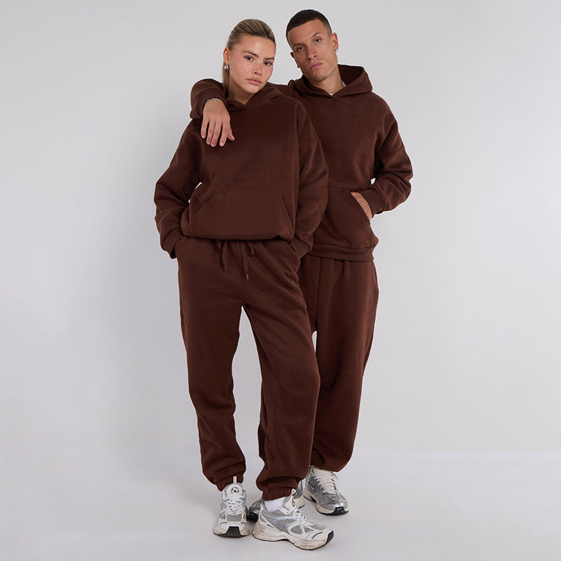 Unisex Brown Minimalist Fleece Hoodie & Jogger Set Neutral Lounge Set