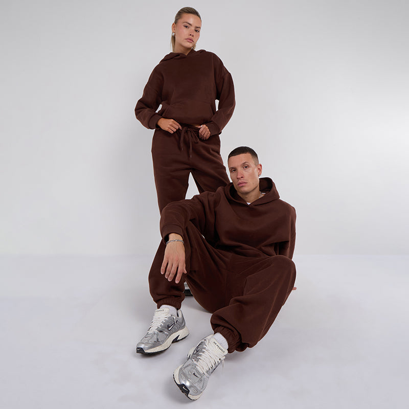 Unisex Brown Minimalist Fleece Hoodie & Jogger Set Neutral Lounge Set