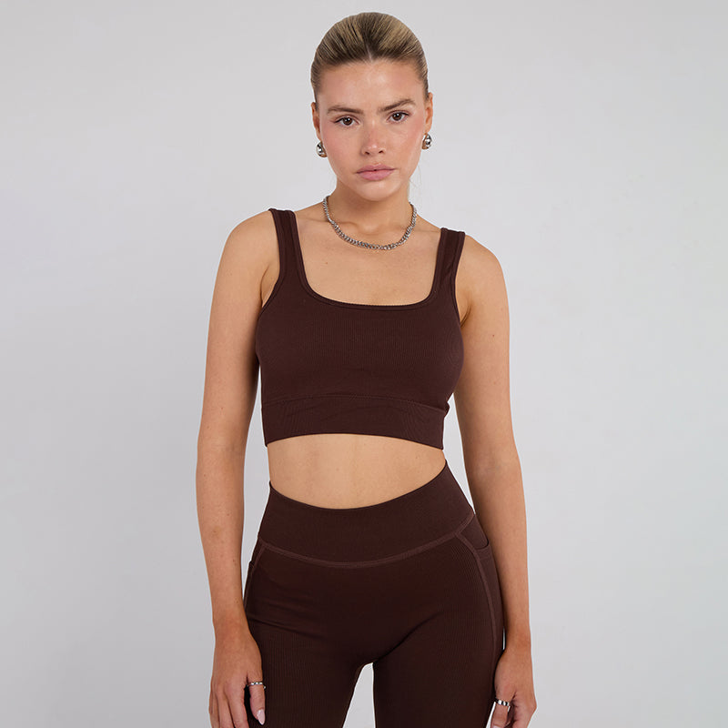 Stretch Coffee Brown Workout Outfit Seamless Sports Bra & High-Waist Leggings Set