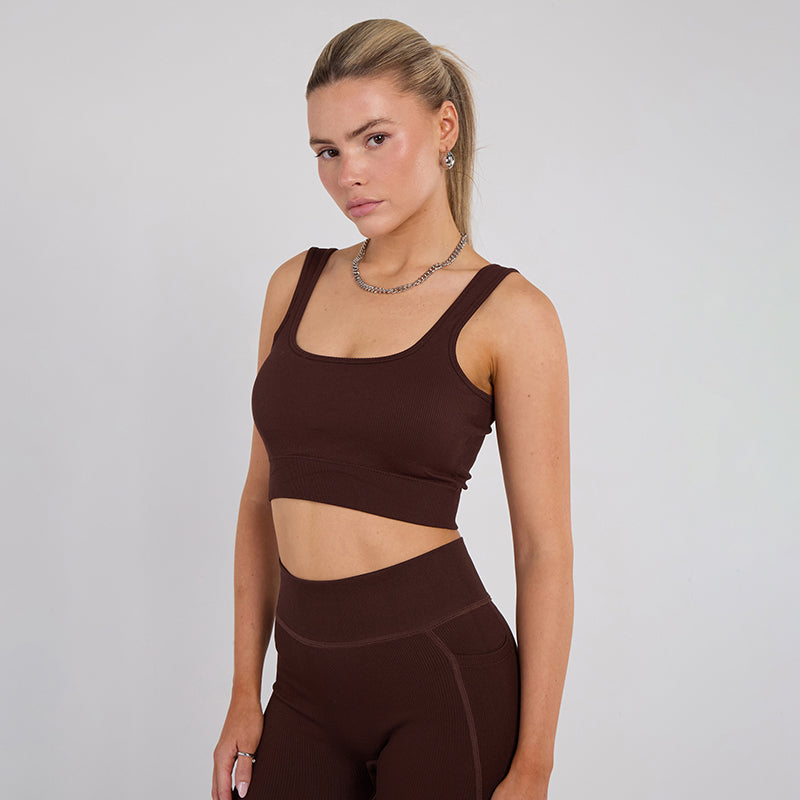 Stretch Coffee Brown Workout Outfit Seamless Sports Bra & High-Waist Leggings Set