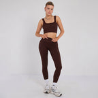 Stretch Coffee Brown Workout Outfit Seamless Sports Bra & High-Waist Leggings Set