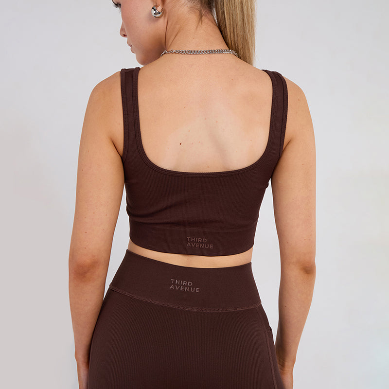 Stretch Coffee Brown Workout Outfit Seamless Sports Bra & High-Waist Leggings Set