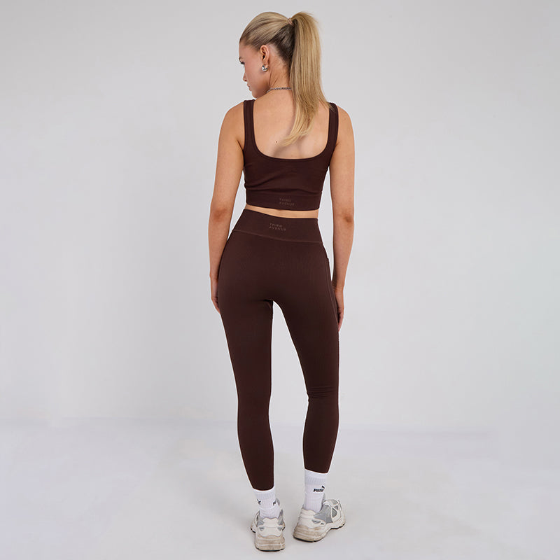 Stretch Coffee Brown Workout Outfit Seamless Sports Bra & High-Waist Leggings Set