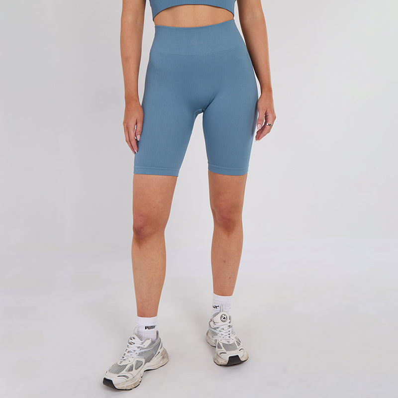 Stretch Blue Workout Outfit Seamless Sports Bra & High-Waist Leggings Set