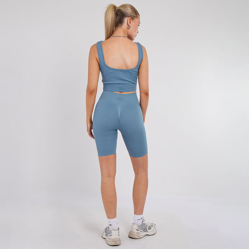 Stretch Blue Workout Outfit Seamless Sports Bra & High-Waist Leggings Set