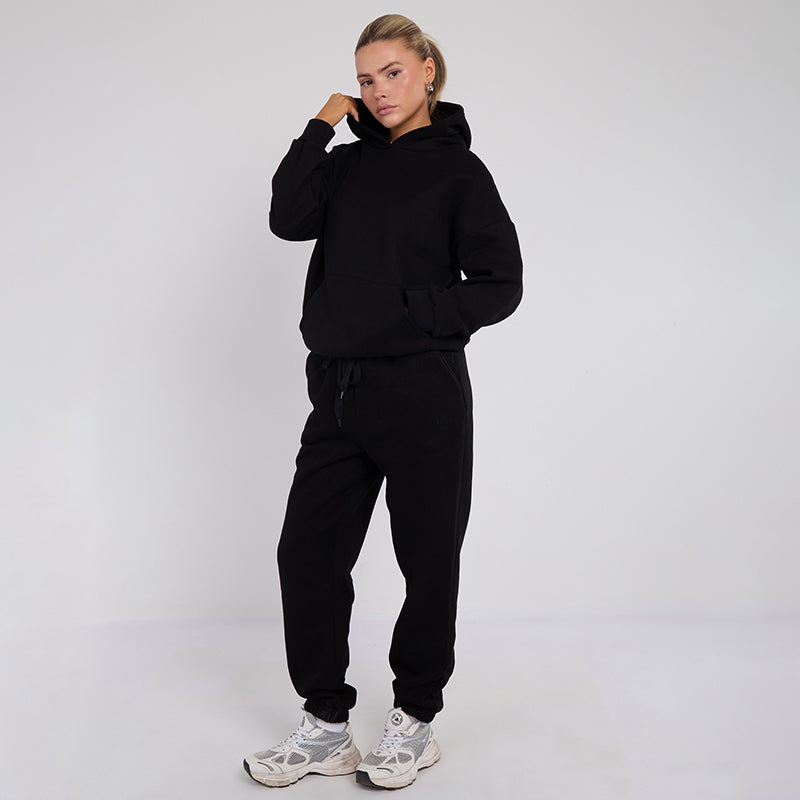 Unisex Black Minimalist Fleece Hoodie & Jogger Set Neutral Lounge Set