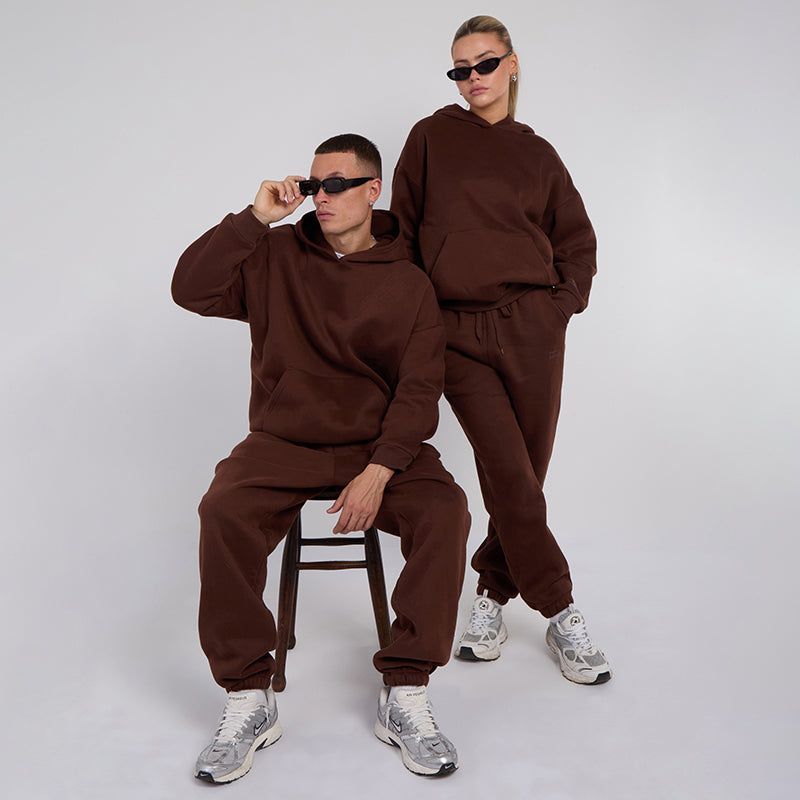 Unisex Brown Minimalist Fleece Hoodie & Jogger Set Neutral Lounge Set