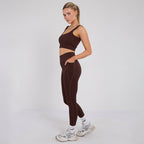Stretch Coffee Brown Workout Outfit Seamless Sports Bra & High-Waist Leggings Set