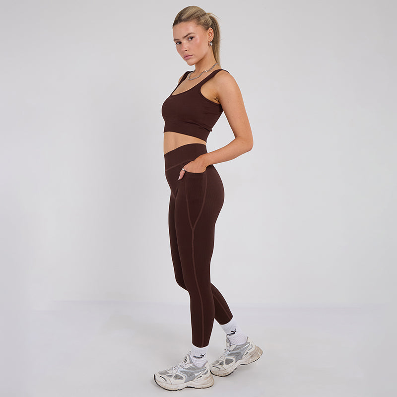 Stretch Coffee Brown Workout Outfit Seamless Sports Bra & High-Waist Leggings Set