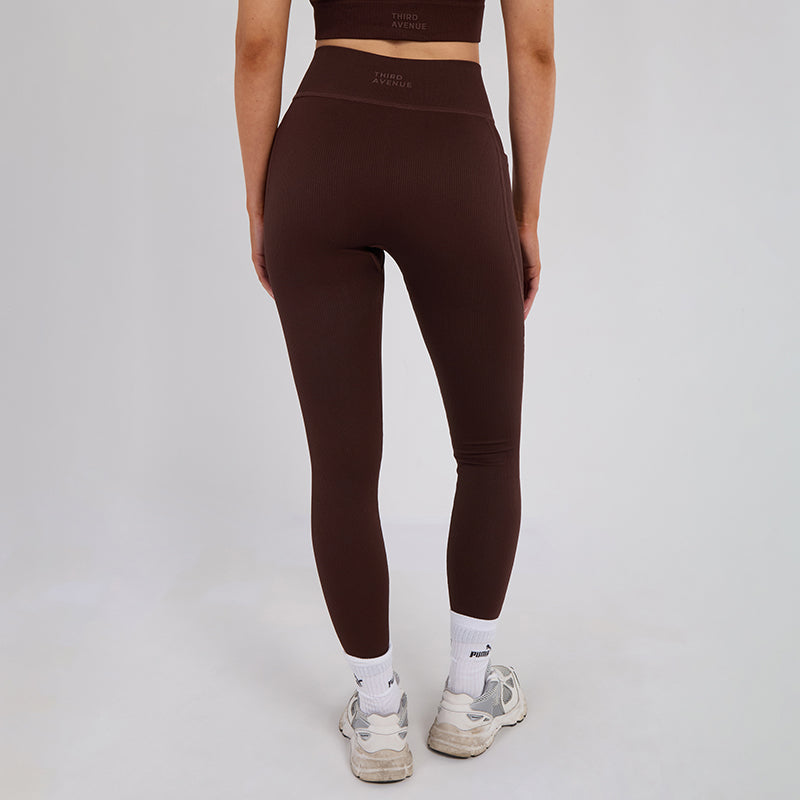 Stretch Coffee Brown Workout Outfit Seamless Sports Bra & High-Waist Leggings Set