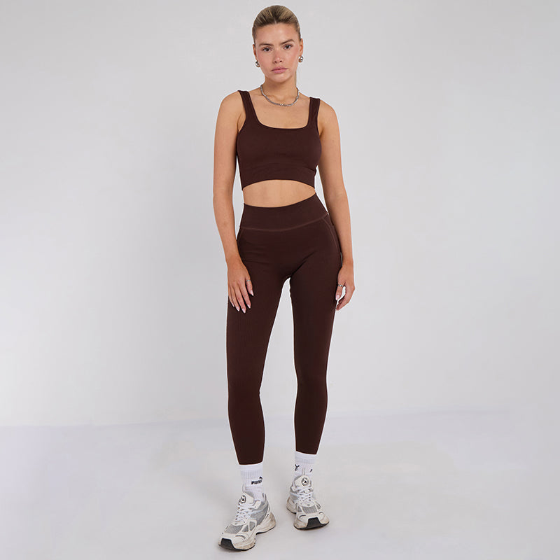 Stretch Coffee Brown Workout Outfit Seamless Sports Bra & High-Waist Leggings Set