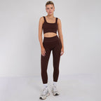 Stretch Coffee Brown Workout Outfit Seamless Sports Bra & High-Waist Leggings Set